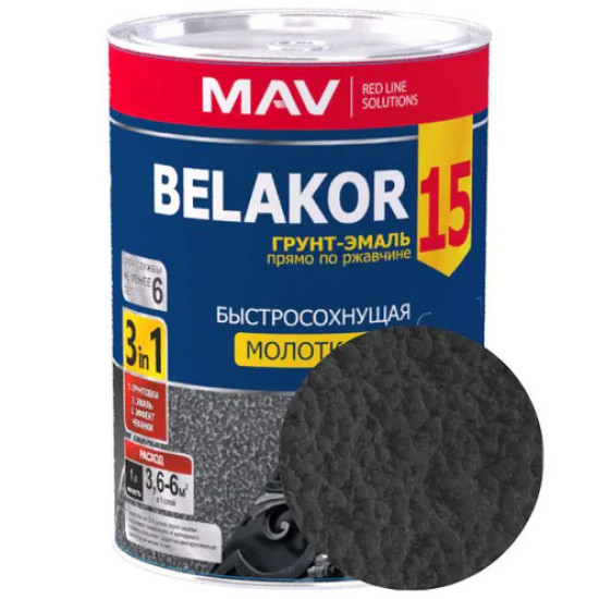 Грунт-эмаль Belakor 15 по ржавчине 3 в 1 молотковая MAV. Черный антрацит. 1 л. РБ. Грунт-эмаль Belakor 15 по ржавчине 3 в 1 молотковая MAV. Черный антрацит. 1 л. РБ.