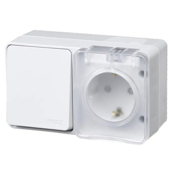 Блок: розетка с/з со шторками + выключатель одноклавишный Schneider Electric AtlasDesign ATN540170. IP54. РФ.
