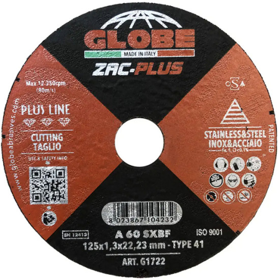 Круг отрезной по металлу GLOBE ZAC 125x1,3x22,2 A60S. Италия.