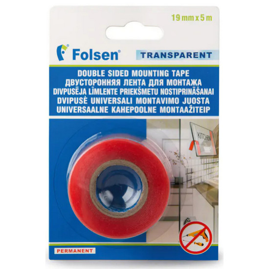 Двусторонняя PET лента Folsen 19мм х 5м в инд. упаковке, прозрачная. РФ.